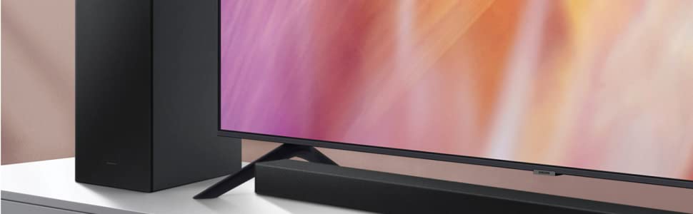 Soundbar and subwoofer with a TV