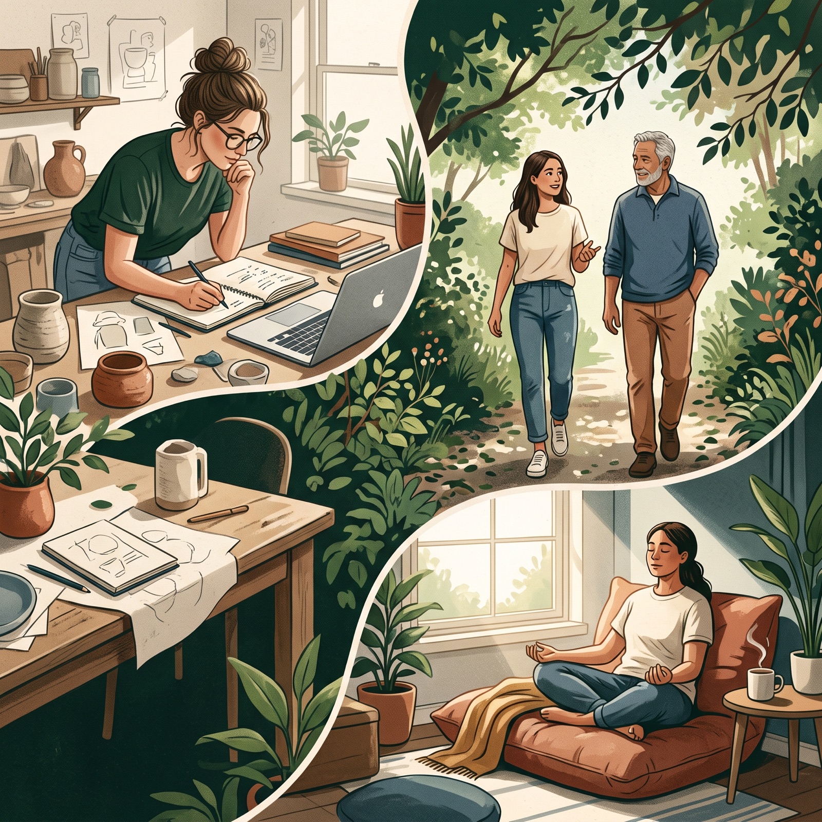 Editorial illustration of work planning, a walk outdoors and quiet rest