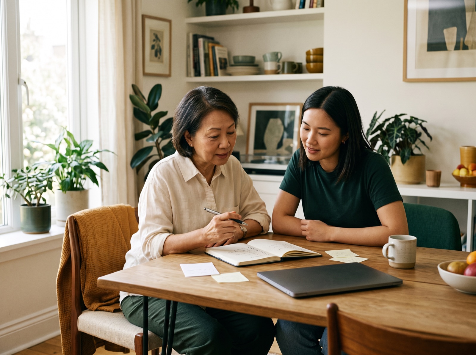 Two people thoughtfully comparing notes at a table